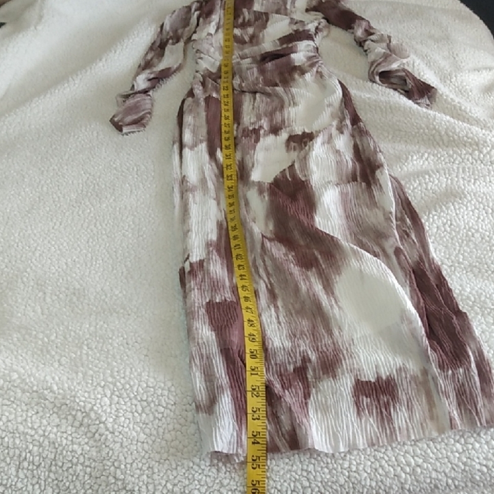 Commense Brown and White Brushstroke Maxi Dress Women's XS -Long  Ruched Sleeves - Picture 8 of 15